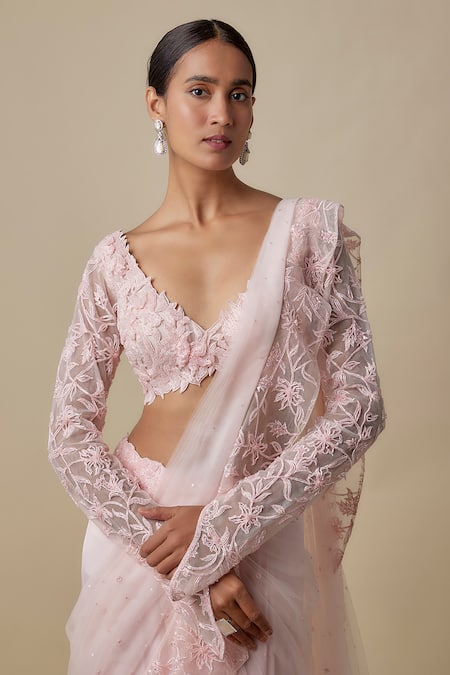 Asaga_Pink Satin, Chinon, Tulle, Organza Embroidery Finery Draped Saree With Blouse _Online_at_Aza_Fashions