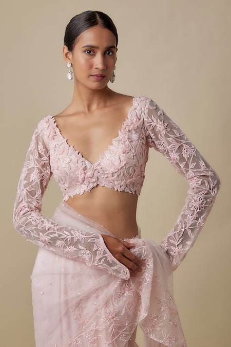 Buy_Asaga_Pink Satin, Chinon, Tulle, Organza Embroidery Finery Draped Saree With Blouse _Online_at_Aza_Fashions