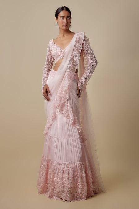 Asaga Pink Satin, Chinon, Tulle, Organza Embroidery Finery Draped Saree With Blouse 