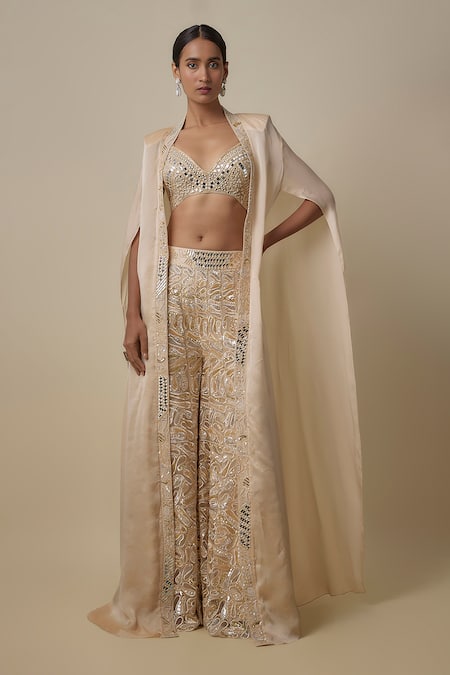 Asaga Beige Satin, Organza, Chinon Mirrors, Embroidery Open Zander Cape Sharara Set