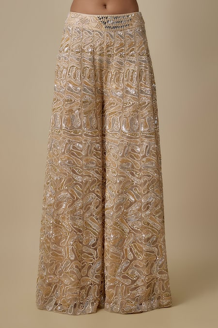 Buy_Asaga_Beige Satin, Organza, Chinon Mirrors, Embroidery Open Zander Cape Sharara Set _Online_at_Aza_Fashions