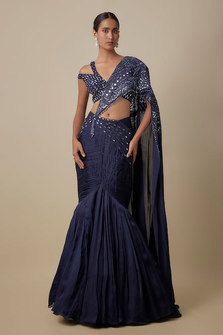 Asaga Navy Satin, Organza, Tulle Sequins, Embroidery Cadent Draped Saree With Blouse 