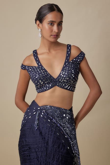Asaga_Navy Satin, Organza, Tulle Sequins, Embroidery Cadent Draped Saree With Blouse _Online_at_Aza_Fashions