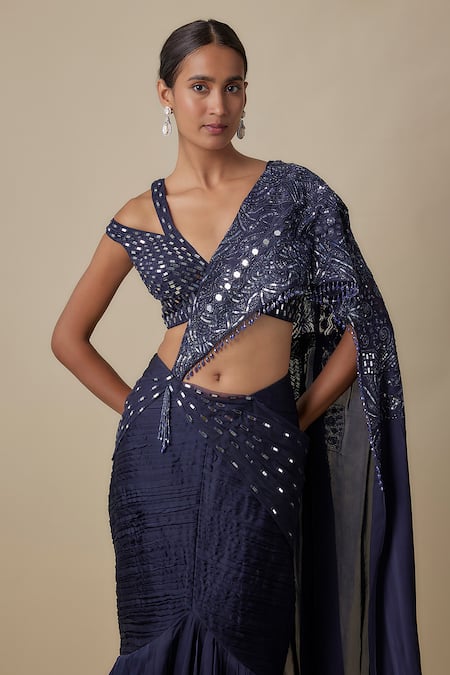 Buy_Asaga_Navy Satin, Organza, Tulle Sequins, Embroidery Cadent Draped Saree With Blouse _Online_at_Aza_Fashions