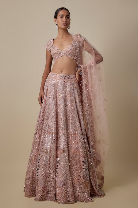Asaga Rose Gold Satin, Tulle, Organza Sequins, Beads, Embroidery Braze Lehenga Set 