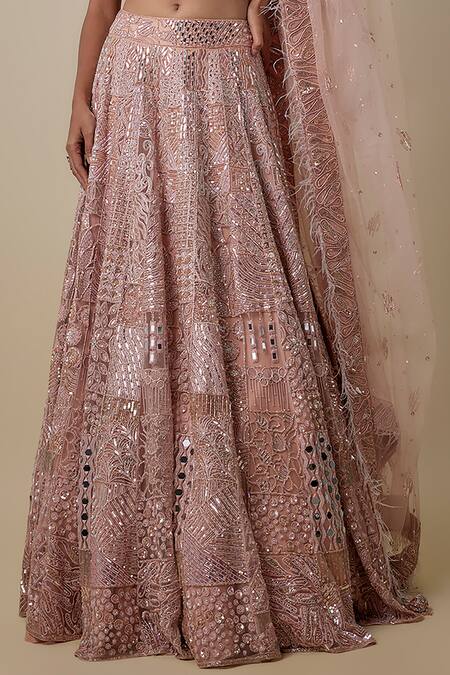 Buy_Asaga_Rose Gold Satin, Tulle, Organza Sequins, Beads, Embroidery Braze Lehenga Set _Online_at_Aza_Fashions