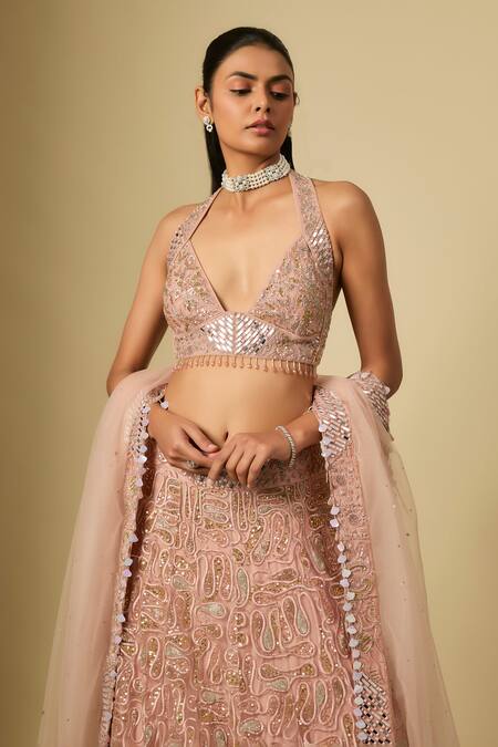 Asaga_Rose Gold Satin, Chinon, Tulle Sequins, Embroidery Halter Ember Lehenga Set _Online_at_Aza_Fashions