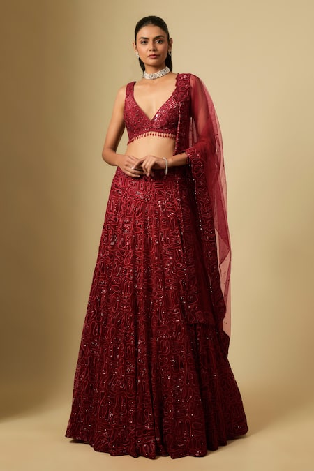 Asaga Red Satin, Chinon, Tulle Sequins, Embroidery V-neck Lehenga Set