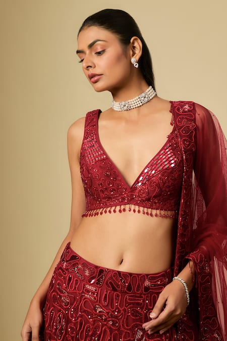Asaga Red Satin, Chinon, Tulle Sequins, Embroidery V-neck Lehenga Set Online at Aza Fashions Asaga_Red Satin, Chinon, Tulle Sequins, Embroidery V-neck Lehenga Set _Online_at_Aza_Fashions