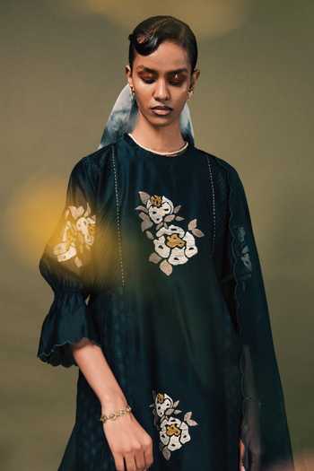 Shop_Arcvsh By Pallavi Singh_Blue Chanderi, Brocade, Silk Embroidery Round Neck Flower Kurta And Pant Set _Online_at_Aza_Fashions