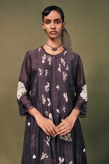 Shop_Arcvsh By Pallavi Singh_Purple Chanderi Embroidery Round Neck Discharge Print Pleated Kurta Set _Online_at_Aza_Fashions