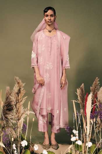 Shop Arcvsh By Pallavi Singh Purple Silk, Chanderi Embroidery Round Floral Discharge Print Kurta And Pant Set Online at Aza Fashions Shop_Arcvsh By Pallavi Singh_Purple Silk, Chanderi Embroidery Round Floral Discharge Print Kurta And Pant Set _Online_at_Aza_Fashions
