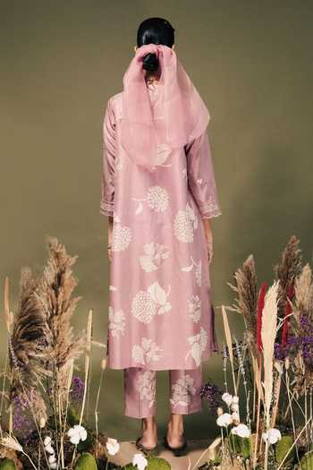 Shop Arcvsh By Pallavi Singh Purple Silk, Organza Embroidery Round Neck Rosette Print Kurta And Pant Set at Aza Fashions Shop_Arcvsh By Pallavi Singh_Purple Silk, Organza Embroidery Round Neck Rosette Print Kurta And Pant Set _at_Aza_Fashions
