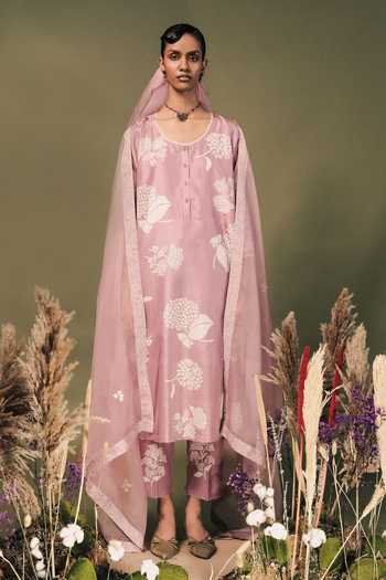Buy Arcvsh By Pallavi Singh Purple Silk, Organza Embroidery Round Neck Rosette Print Kurta And Pant Set Online at Aza Fashions Buy_Arcvsh By Pallavi Singh_Purple Silk, Organza Embroidery Round Neck Rosette Print Kurta And Pant Set _Online_at_Aza_Fashions