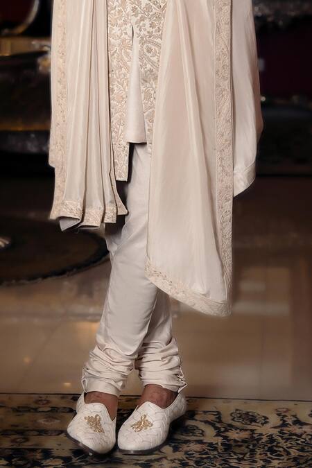 Dolly J_Silver Satin, Silk, Cotton Embroidery, Brooches Orvain Jacket Set _Online_at_Aza_Fashions