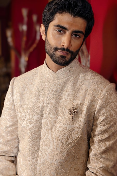 Buy_Dolly J_Silver Satin, Silk, Cotton Embroidery, Brooches Orvain Jacket Set _Online_at_Aza_Fashions