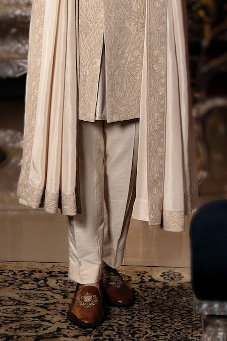 Dolly J_Ivory Silk, Cotton Embroidery, Brooches Auron Dori Jacket Set _Online_at_Aza_Fashions