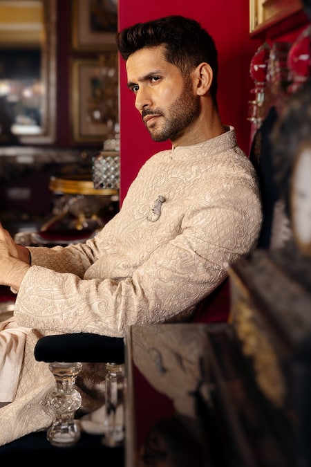 Buy_Dolly J_Ivory Silk, Cotton Embroidery, Brooches Auron Dori Jacket Set _Online_at_Aza_Fashions