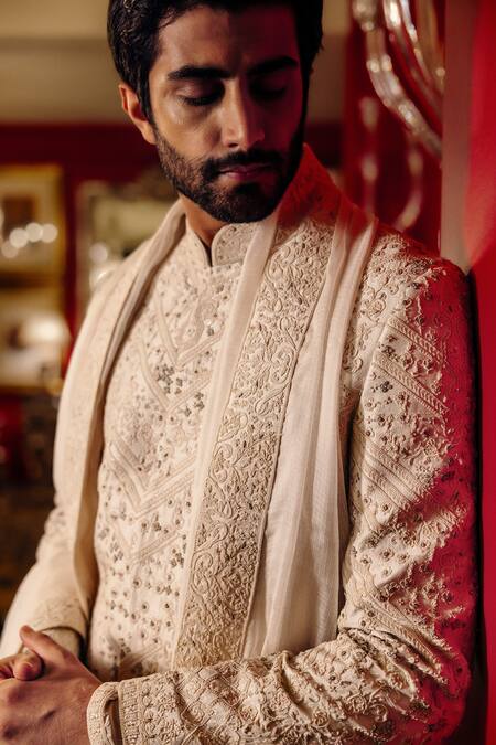 Dolly J Off White Silk, Dupion, Cotton Embroidery, Taaren Threadwork Jacket Set Online at Aza Fashions Dolly J_Off White Silk, Dupion, Cotton Embroidery, Taaren Threadwork Jacket Set _Online_at_Aza_Fashions