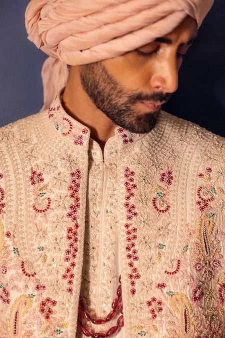 Shop_Dolly J_White Silk, Dupion, Cotton Embroidery Serenelle Sherwani Jacket And Kurta Set _Online_at_Aza_Fashions