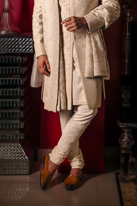 Dolly J Off White Silk, Cotton Embroidery, Metallic Ivaryn Hand Sherwani Kurta Set Online at Aza Fashions Dolly J_Off White Silk, Cotton Embroidery, Metallic Ivaryn Hand Sherwani Kurta Set _Online_at_Aza_Fashions