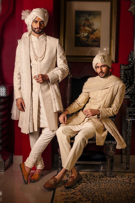 Shop Dolly J Off White Silk, Cotton Embroidery, Metallic Ivaryn Hand Sherwani Kurta Set Online at Aza Fashions Shop_Dolly J_Off White Silk, Cotton Embroidery, Metallic Ivaryn Hand Sherwani Kurta Set _Online_at_Aza_Fashions