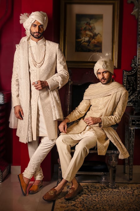 Dolly J_Green Tissue, Dupion, Crepe Embroidery Auralis Sherwani Jacket And Kurta Set _Online_at_Aza_Fashions