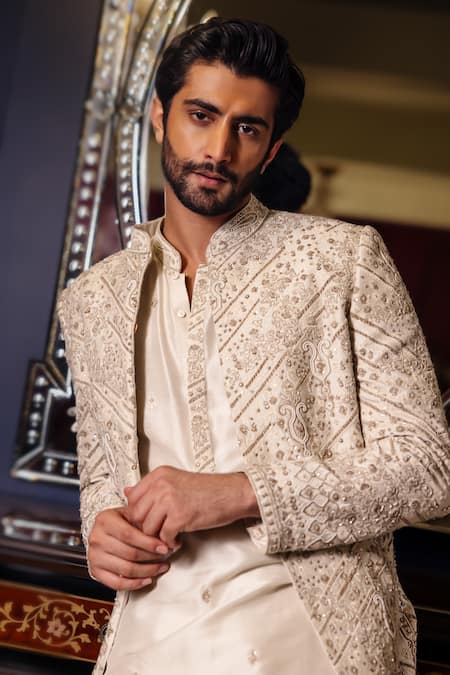 Buy Dolly J Beige Silk, Dupion, Cotton Embroidery Mistvale Raw Sherwani Set Online at Aza Fashions Buy_Dolly J_Beige Silk, Dupion, Cotton Embroidery Mistvale Raw Sherwani Set _Online_at_Aza_Fashions