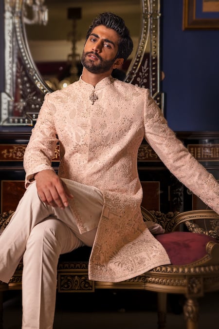 Dolly J Pink Silk, Cotton Embroidery, Beads, Zari Rosair Sherwani Set Online at Aza Fashions Dolly J_Pink Silk, Cotton Embroidery, Beads, Zari Rosair Sherwani Set _Online_at_Aza_Fashions