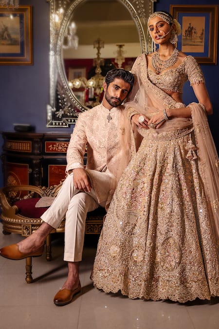 Shop Dolly J Pink Silk, Cotton Embroidery, Beads, Zari Rosair Sherwani Set Online at Aza Fashions Shop_Dolly J_Pink Silk, Cotton Embroidery, Beads, Zari Rosair Sherwani Set _Online_at_Aza_Fashions