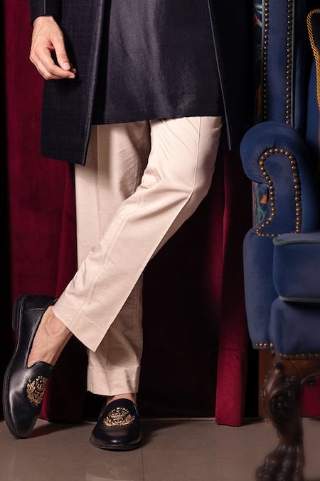 Dolly J_Black Silk, Dupion, Cotton Embroidery Nightroot Sherwani Kurta Set _Online_at_Aza_Fashions