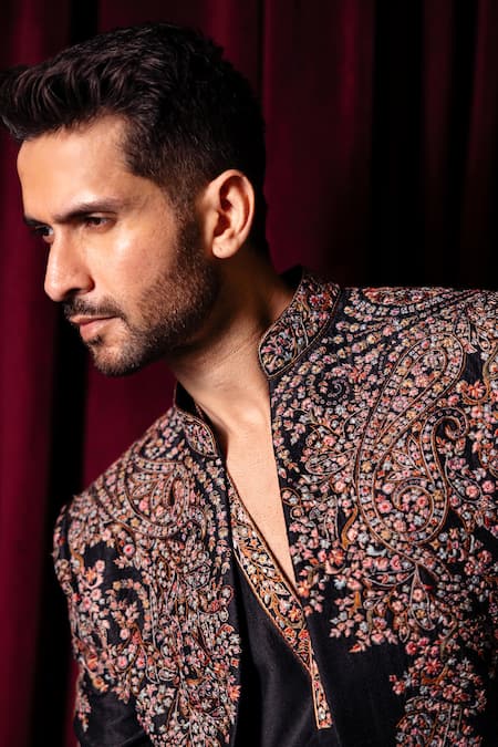 Buy_Dolly J_Black Silk, Dupion, Cotton Embroidery Nightroot Sherwani Kurta Set _Online_at_Aza_Fashions