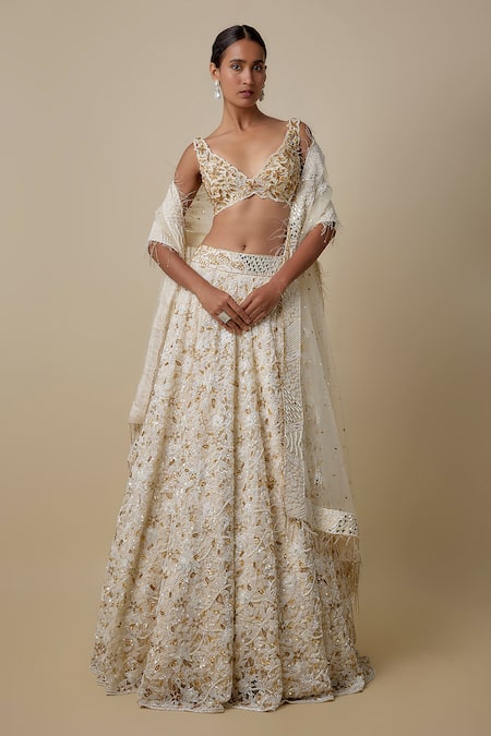 Asaga Ivory Satin, Tulle, Organza Sequins, Embroidery V-neck Tagh Hand Lehenga Set