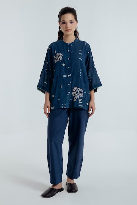 Rias Jaipur_Blue Cotton Embroidery Mandarin Collar Indigo Shadow Pattern Shirt _at_Aza_Fashions