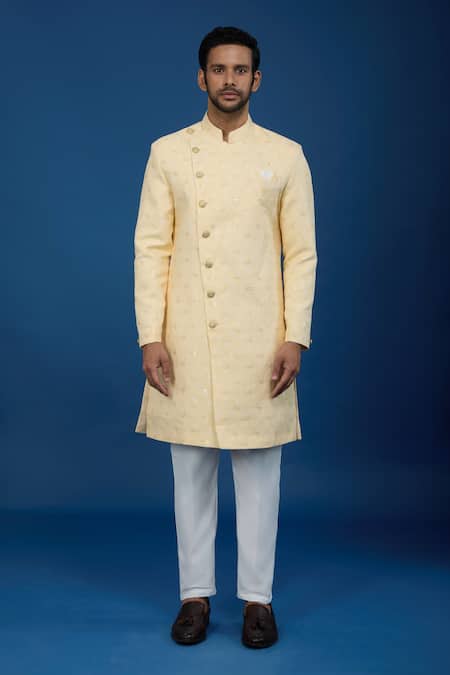 Arihant Rai Sinha Yellow Jacquard, Polyester, Viscose Embroidery, Sequins Sherwani Set Online at Aza Fashions Arihant Rai Sinha_Yellow Jacquard, Polyester, Viscose Embroidery, Sequins Sherwani Set _Online_at_Aza_Fashions