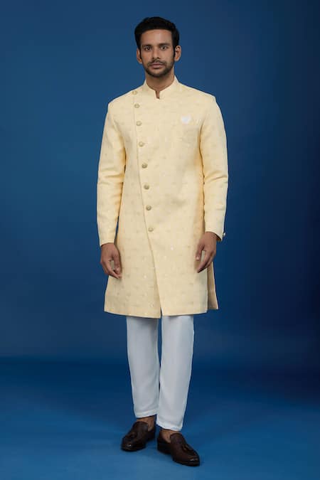 Buy Arihant Rai Sinha Yellow Jacquard, Polyester, Viscose Embroidery, Sequins Sherwani Set Online at Aza Fashions Buy_Arihant Rai Sinha_Yellow Jacquard, Polyester, Viscose Embroidery, Sequins Sherwani Set _Online_at_Aza_Fashions