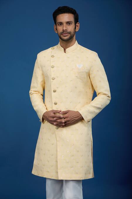 Shop Arihant Rai Sinha Yellow Jacquard, Polyester, Viscose Embroidery, Sequins Sherwani Set Online at Aza Fashions Shop_Arihant Rai Sinha_Yellow Jacquard, Polyester, Viscose Embroidery, Sequins Sherwani Set _Online_at_Aza_Fashions