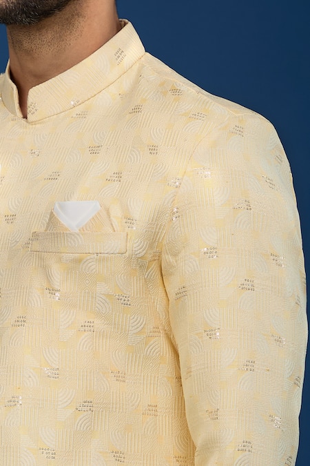 Arihant Rai Sinha Yellow Jacquard, Polyester, Viscose Embroidery, Sequins Sherwani Set at Aza Fashions Arihant Rai Sinha_Yellow Jacquard, Polyester, Viscose Embroidery, Sequins Sherwani Set _at_Aza_Fashions
