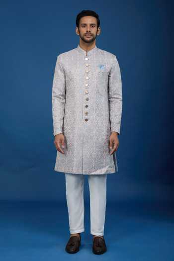 Arihant Rai Sinha_Green Jacquard, Polyester, Viscose Embroidery, Sequins Floral Woven Sherwani Set _Online_at_Aza_Fashions