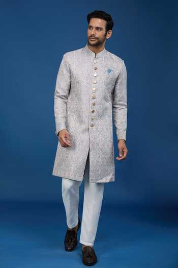 Buy_Arihant Rai Sinha_Green Jacquard, Polyester, Viscose Embroidery, Sequins Floral Woven Sherwani Set _Online_at_Aza_Fashions
