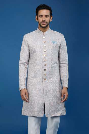 Shop_Arihant Rai Sinha_Green Jacquard, Polyester, Viscose Embroidery, Sequins Floral Woven Sherwani Set _Online_at_Aza_Fashions