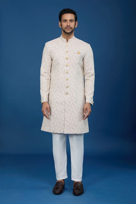 Arihant Rai Sinha_Purple Jacquard, Polyester, Viscose Embroidery, Abstract Woven Sherwani Set _Online_at_Aza_Fashions