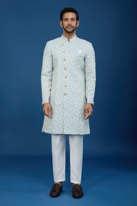 Arihant Rai Sinha_Blue Jacquard, Polyester, Viscose Embroidery, Geometric Woven Sherwani Set _Online_at_Aza_Fashions