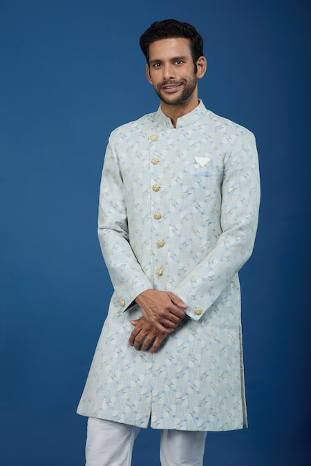 Shop_Arihant Rai Sinha_Blue Jacquard, Polyester, Viscose Embroidery, Geometric Woven Sherwani Set _Online_at_Aza_Fashions
