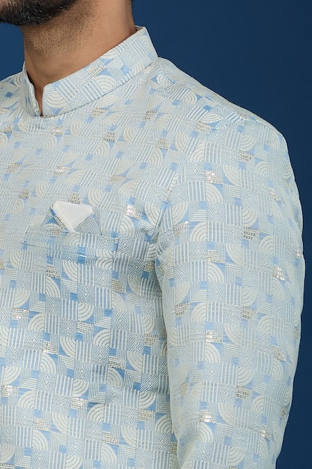 Arihant Rai Sinha_Blue Jacquard, Polyester, Viscose Embroidery, Geometric Woven Sherwani Set _at_Aza_Fashions