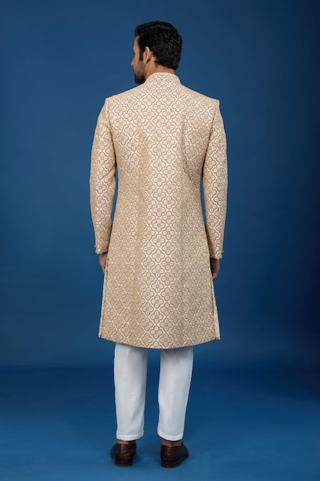 Shop_Arihant Rai Sinha_Gold Silk, Polyester, Viscose Embroidery Mughal Sherwani Set _at_Aza_Fashions