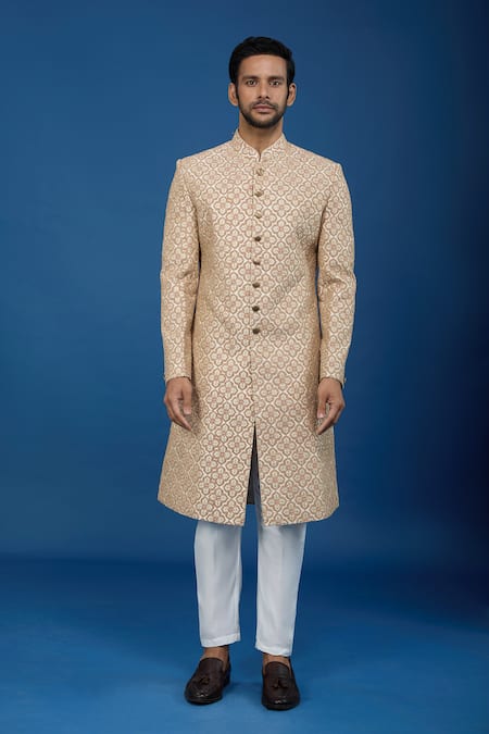 Arihant Rai Sinha_Gold Silk, Polyester, Viscose Embroidery Mughal Sherwani Set _Online_at_Aza_Fashions