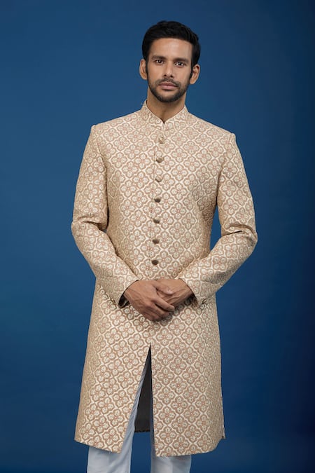 Buy_Arihant Rai Sinha_Gold Silk, Polyester, Viscose Embroidery Mughal Sherwani Set _Online_at_Aza_Fashions