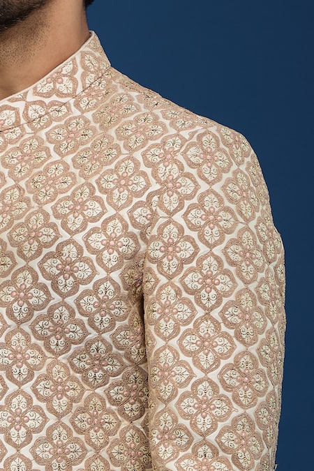 Arihant Rai Sinha_Gold Silk, Polyester, Viscose Embroidery Mughal Sherwani Set _at_Aza_Fashions