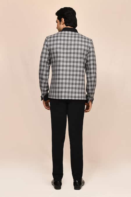 Shop_Aryavir Malhotra_Gray Suede, Terrycloth Plaid Jacket And Black Pant Set _at_Aza_Fashions